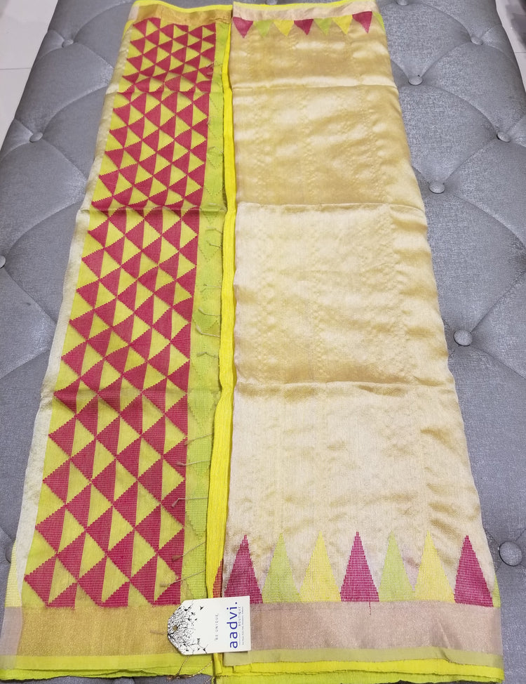 Golden beige handwoven Pure Tussar Silk with triangle pattern pallu