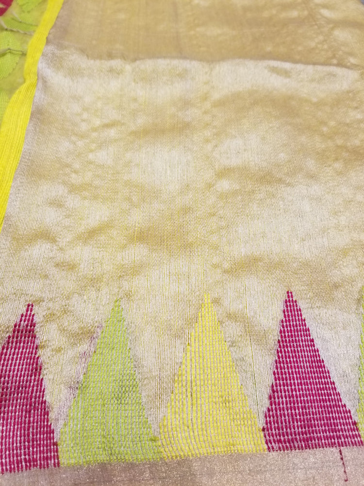 Golden beige handwoven Pure Tussar Silk with triangle pattern pallu