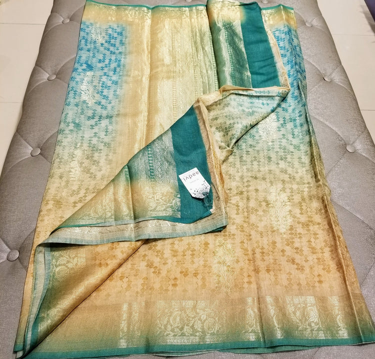Handwoven Pure Muga Silk  Banarasi Sari with Digital Print in shades of Sea blue on Golden