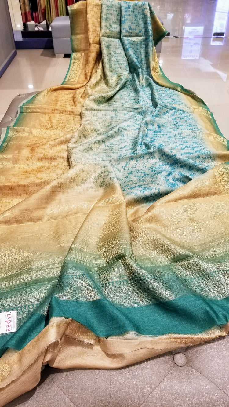 Handwoven Pure Muga Silk  Banarasi Sari with Digital Print in shades of Sea blue on Golden