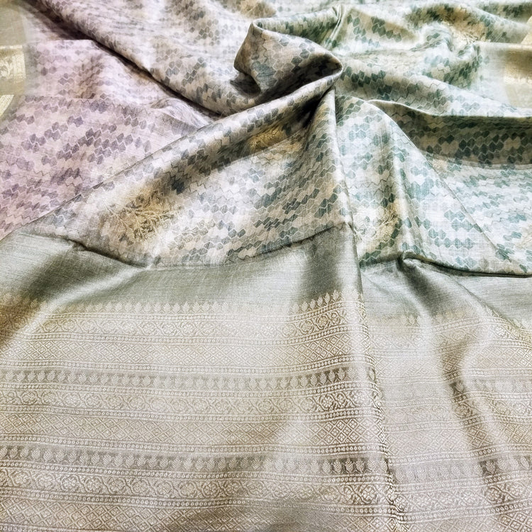 Handwoven Pure Muga Silk  Banarasi Sari with Digital Print in shades of Sea green to grey on Golden
