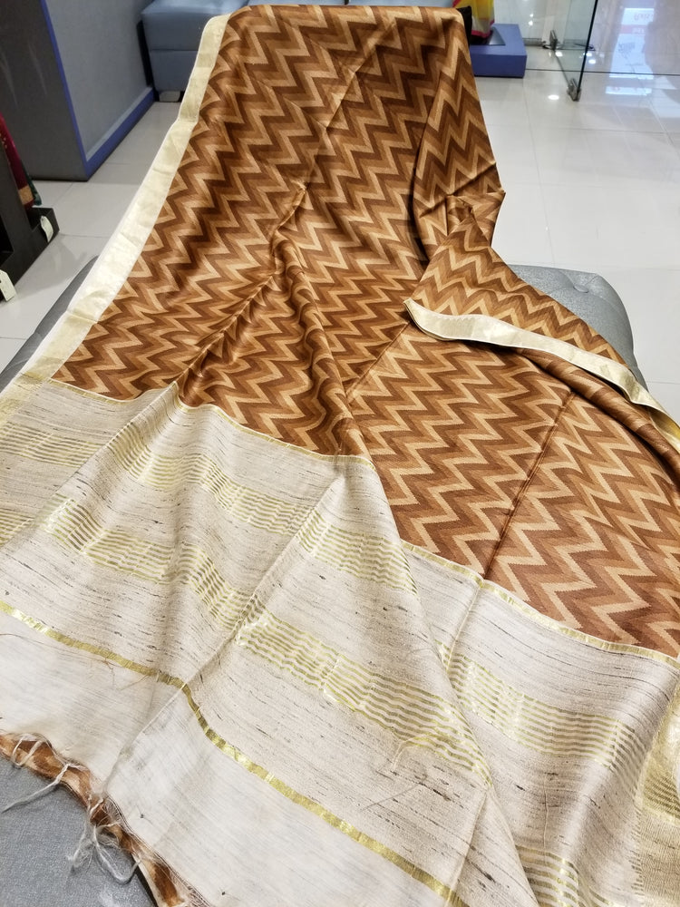Handwoven Pure Muga Silk Sari in Brown Color with Zig-zag pattern
