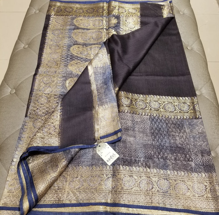 Handwoven Pure Muga Silk Banarasi Sari in Black Color with double border