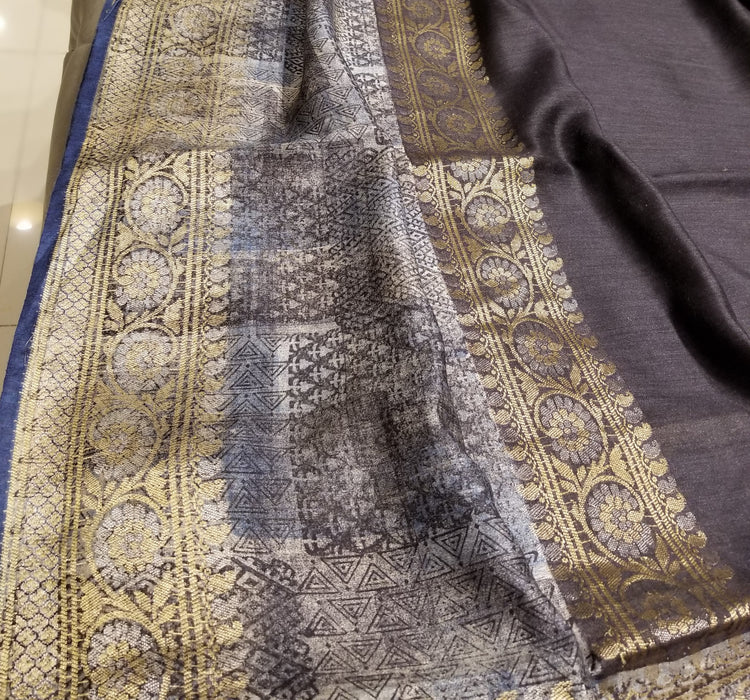 Handwoven Pure Muga Silk Banarasi Sari in Black Color with double border
