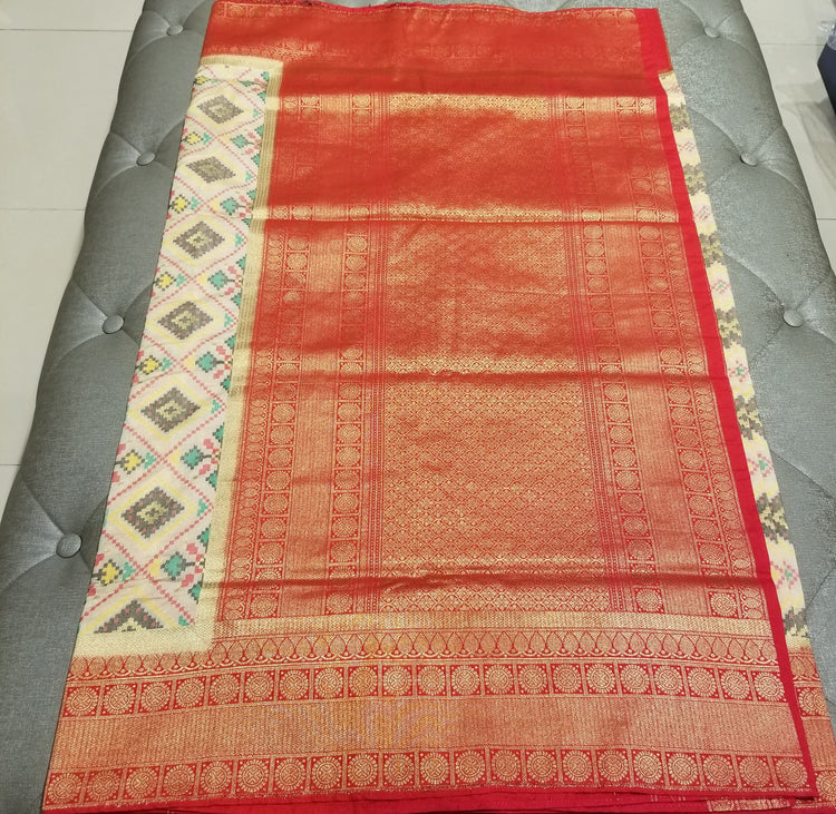 Off-White Double Silk Ikkat Sari with Red Banarasi Pallu and Border
