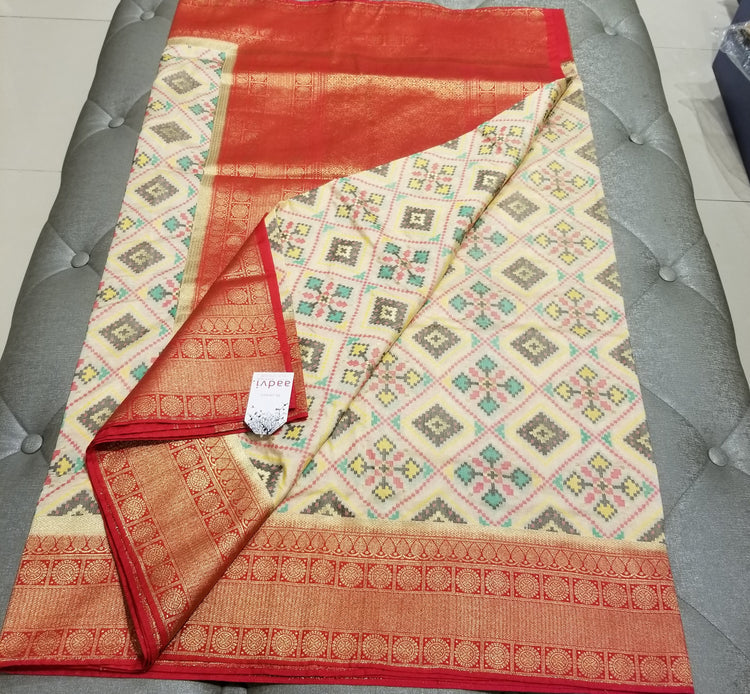Off-White Double Silk Ikkat Sari with Red Banarasi Pallu and Border