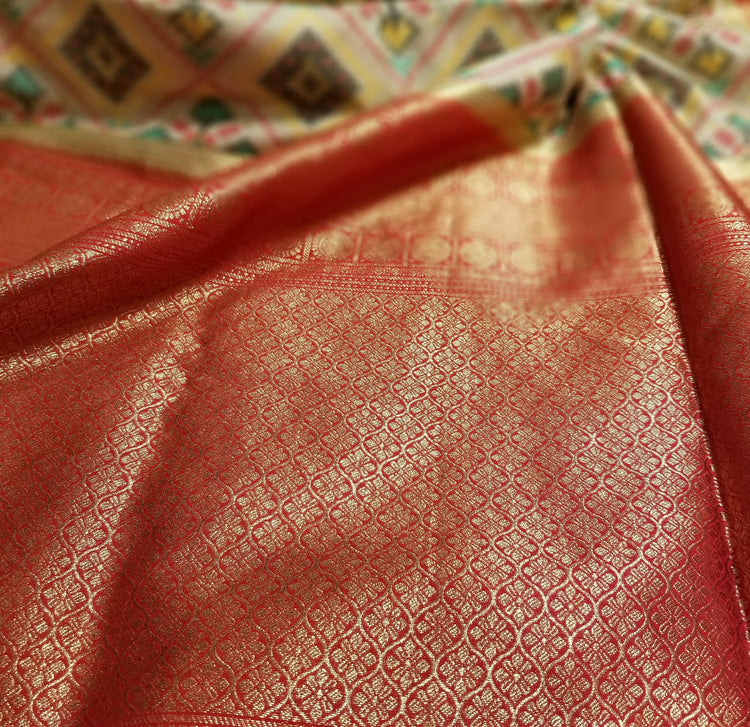 Off-White Double Silk Ikkat Sari with Red Banarasi Pallu and Border