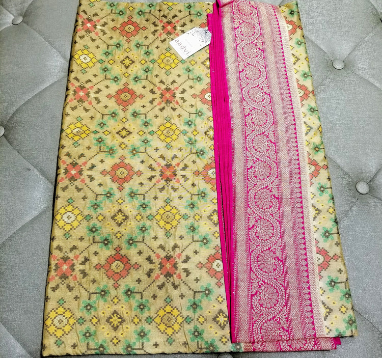 Golden Beige Double Silk Ikkat Sari with Pink Banarasi Pallu and Border