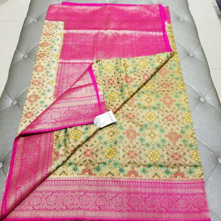 Golden Beige Double Silk Ikkat Sari with Pink Banarasi Pallu and Border