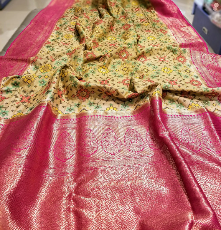 Golden Beige Double Silk Ikkat Sari with Pink Banarasi Pallu and Border