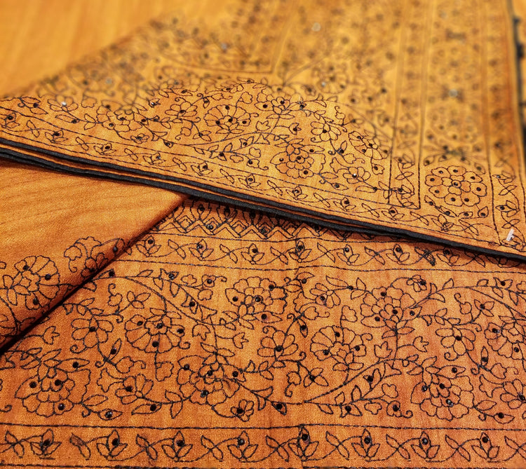 Rust Color Blended Silk Sari with Threadwork and black rhinestone