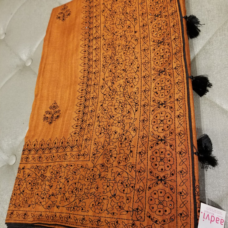 Rust Color Blended Silk Sari with Threadwork and black rhinestone