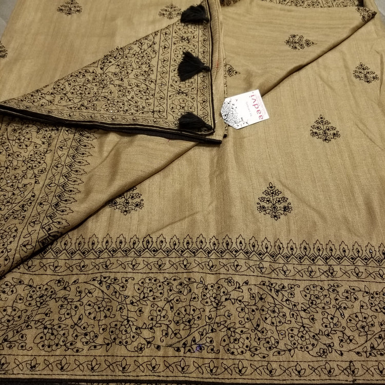 Beige Color Blended Silk Sari with Threadwork and black rhinestone