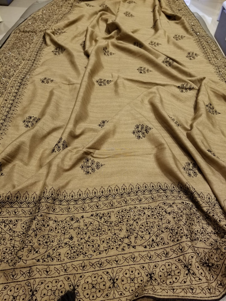 Beige Color Blended Silk Sari with Threadwork and black rhinestone