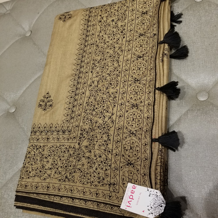 Beige Color Blended Silk Sari with Threadwork and black rhinestone