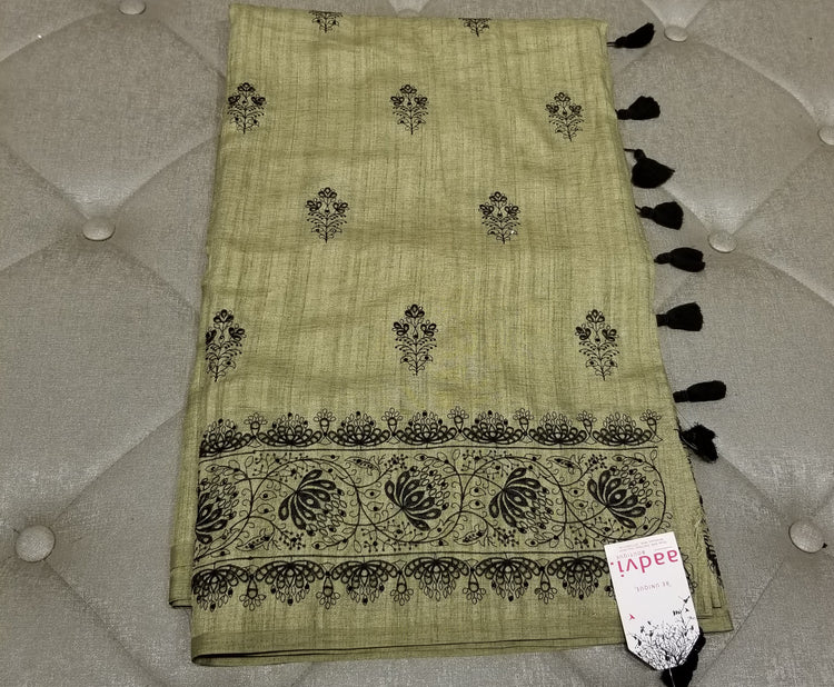 Pista Green Color Blended Silk Sari with Threadwork and black rhinestone