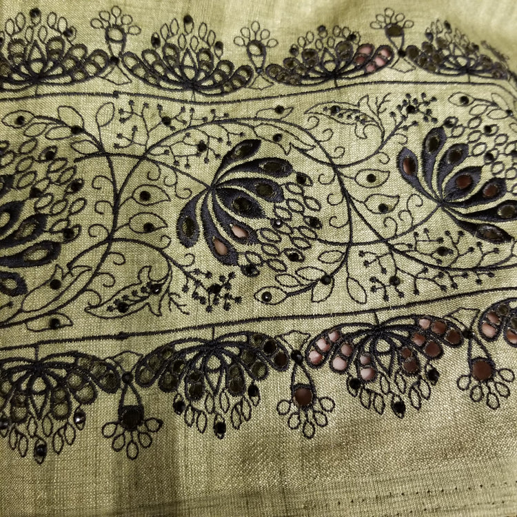 Pista Green Color Blended Silk Sari with Threadwork and black rhinestone