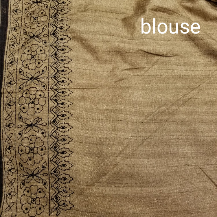 Beige Color Blended Silk Sari with Threadwork and black rhinestone