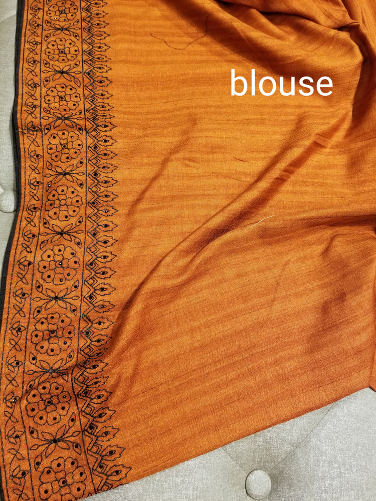 Rust Color Blended Silk Sari with Threadwork and black rhinestone