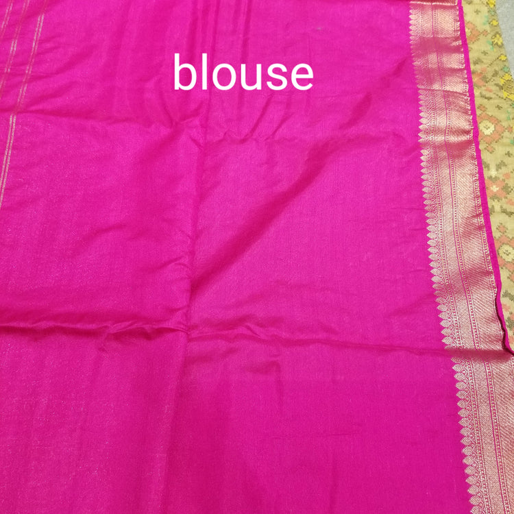 Golden Beige Double Silk Ikkat Sari with Pink Banarasi Pallu and Border