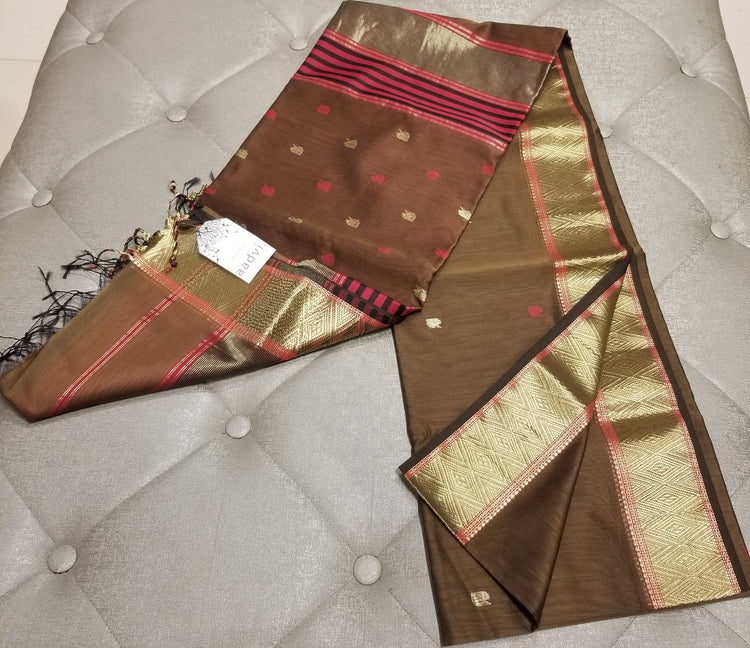 Coffee color Handwoven Maheshwari Sari