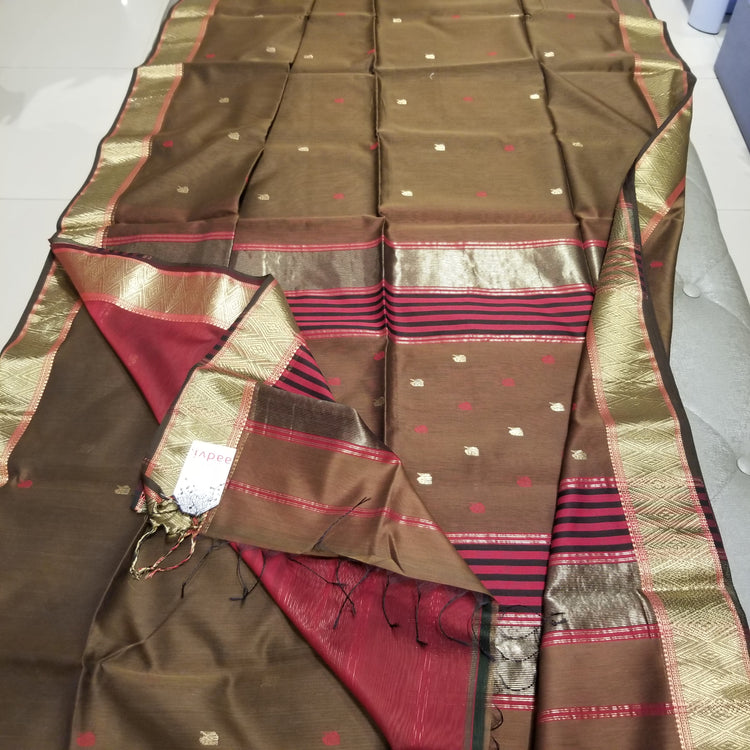 Coffee color Handwoven Maheshwari Sari