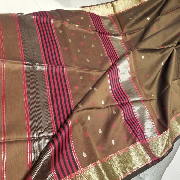 Coffee color Handwoven Maheshwari Sari
