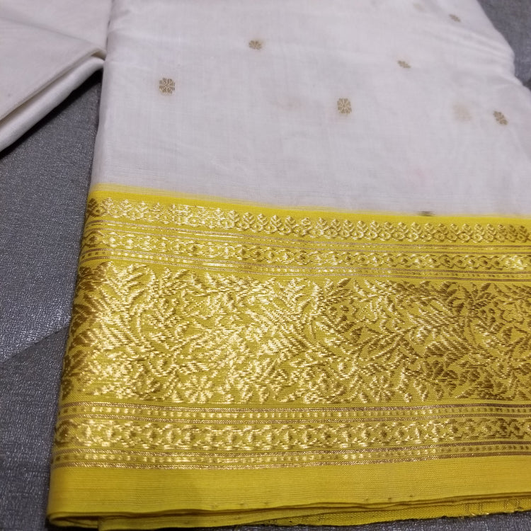 White Chanderi Handwoven Pure Silk by Silk Sari with Yellow Border