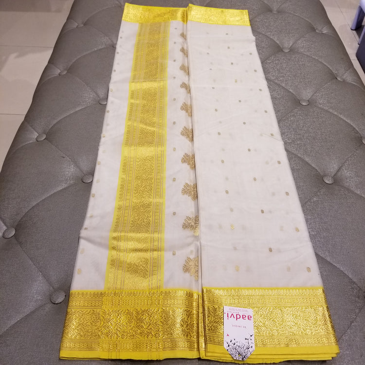 White Chanderi Handwoven Pure Silk by Silk Sari with Yellow Border