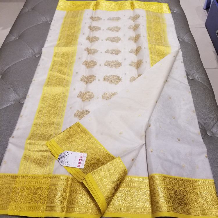 White Chanderi Handwoven Pure Silk by Silk Sari with Yellow Border