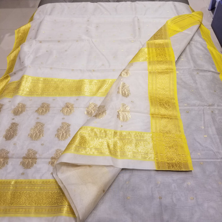 White Chanderi Handwoven Pure Silk by Silk Sari with Yellow Border