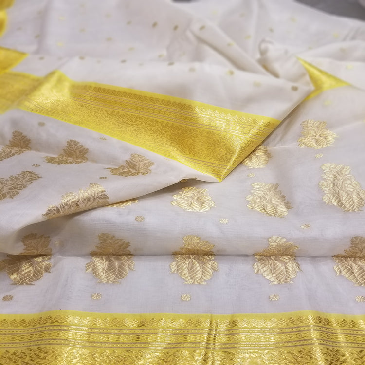White Chanderi Handwoven Pure Silk by Silk Sari with Yellow Border
