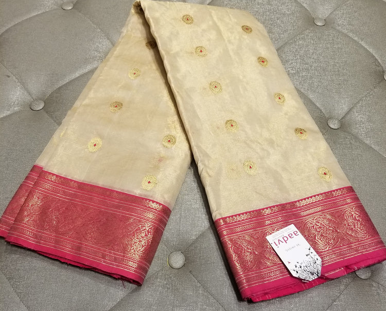 Off-White Chanderi Handwoven Pure Silk by Tissue Sari with Deep Pink Border