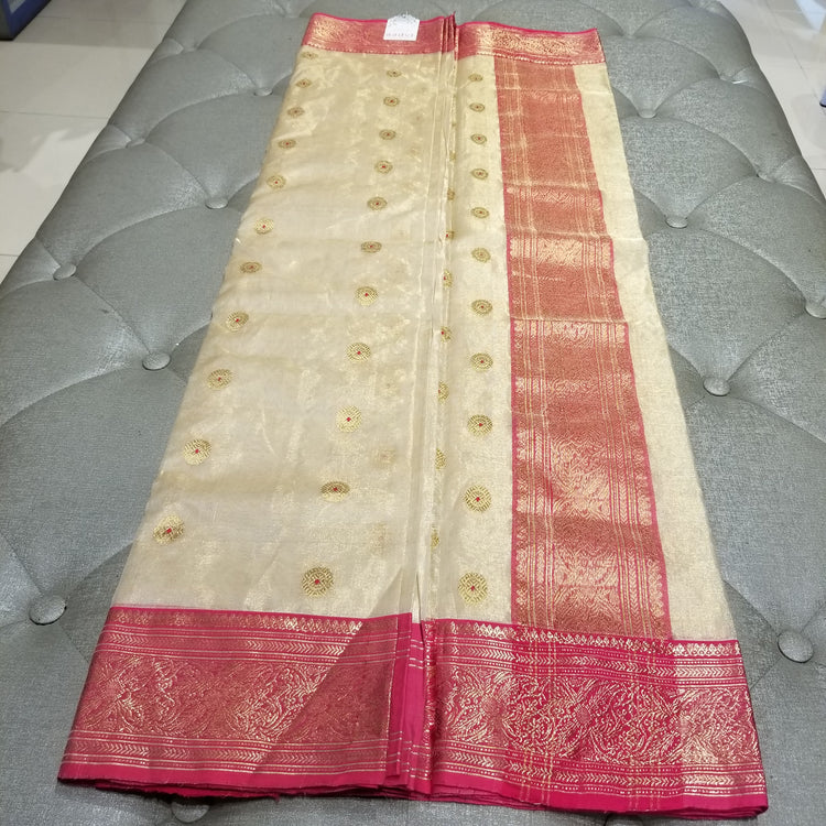Off-White Chanderi Handwoven Pure Silk by Tissue Sari with Deep Pink Border