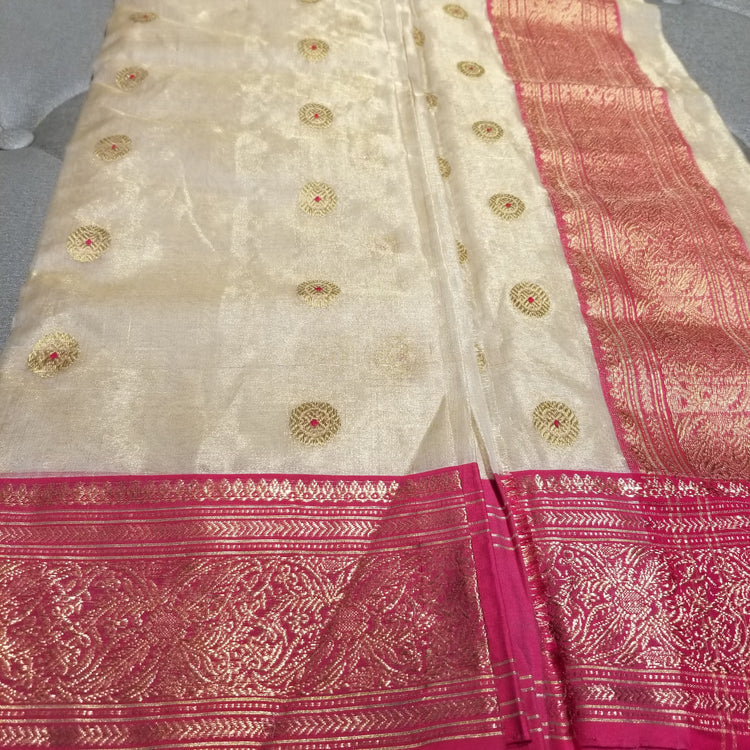 Off-White Chanderi Handwoven Pure Silk by Tissue Sari with Deep Pink Border