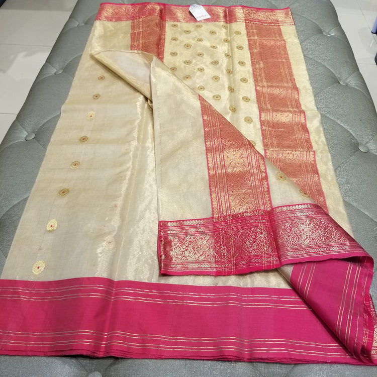 Off-White Chanderi Handwoven Pure Silk by Tissue Sari with Deep Pink Border