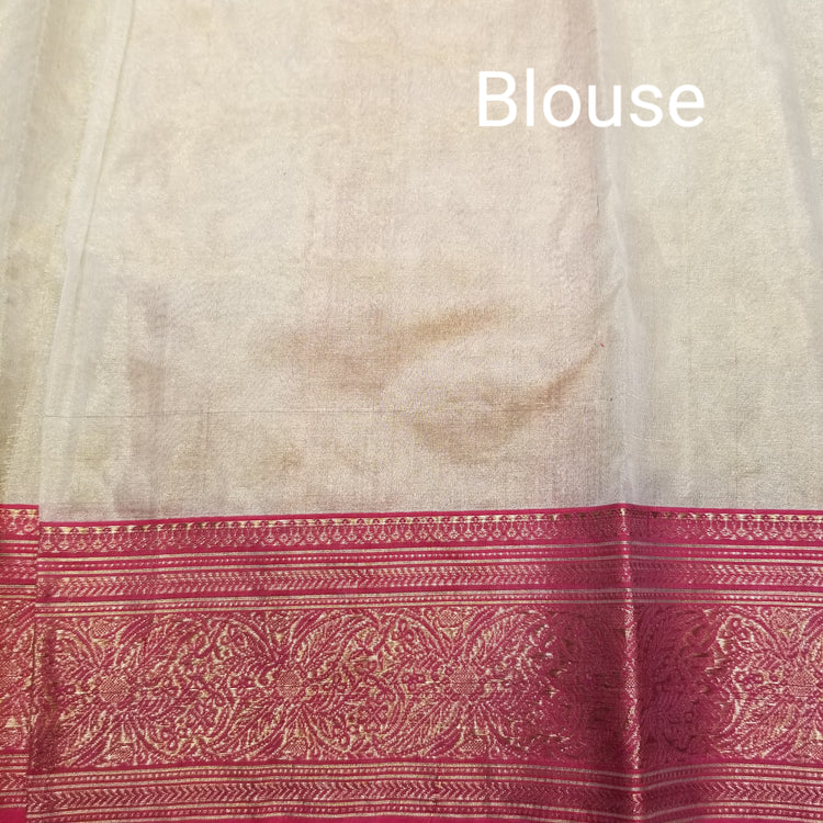 Off-White Chanderi Handwoven Pure Silk by Tissue Sari with Deep Pink Border