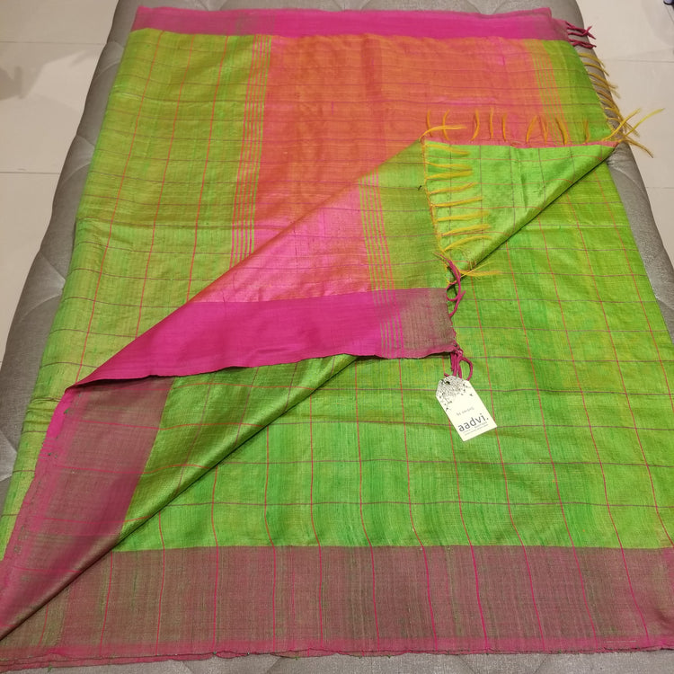 Parrot Green Pure Dupion Silk Handwoven Sari with Pink Border and checkered body