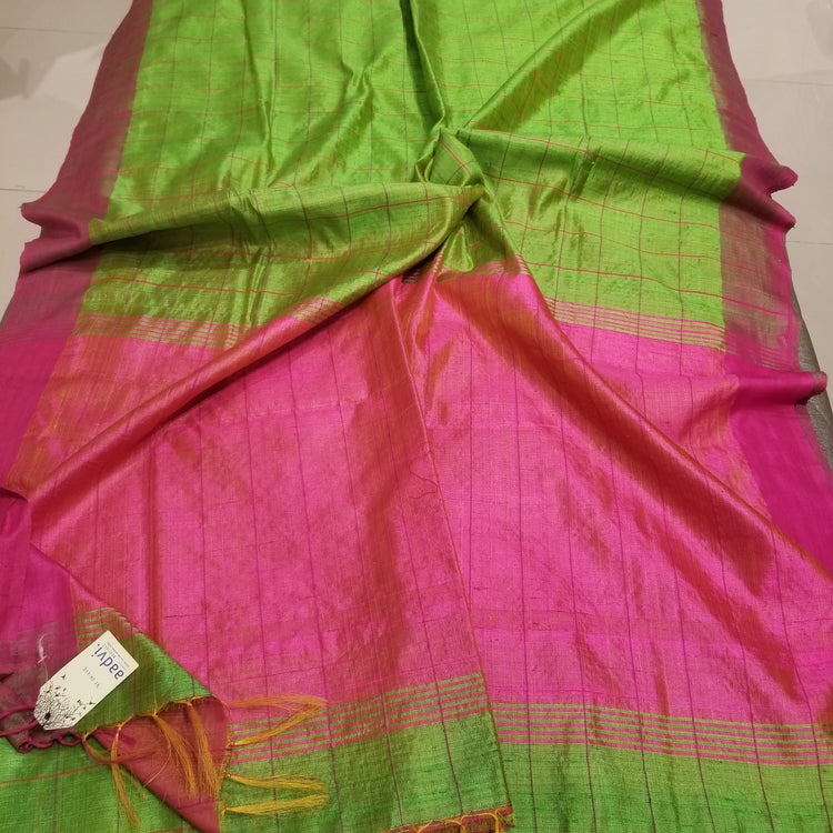 Parrot Green Pure Dupion Silk Handwoven Sari with Pink Border and checkered body