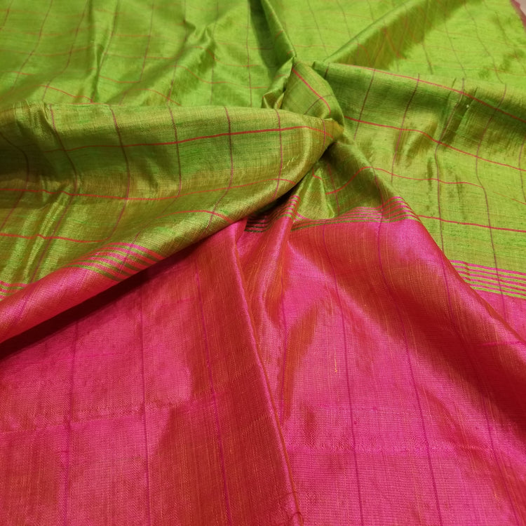 Parrot Green Pure Dupion Silk Handwoven Sari with Pink Border and checkered body