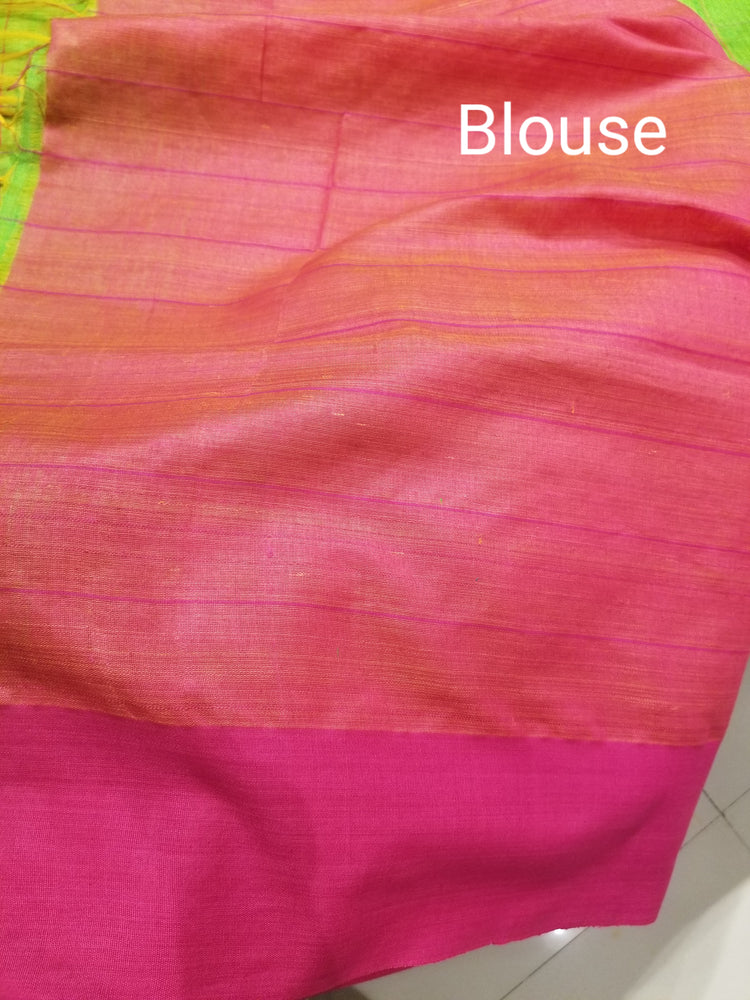 Parrot Green Pure Dupion Silk Handwoven Sari with Pink Border and checkered body