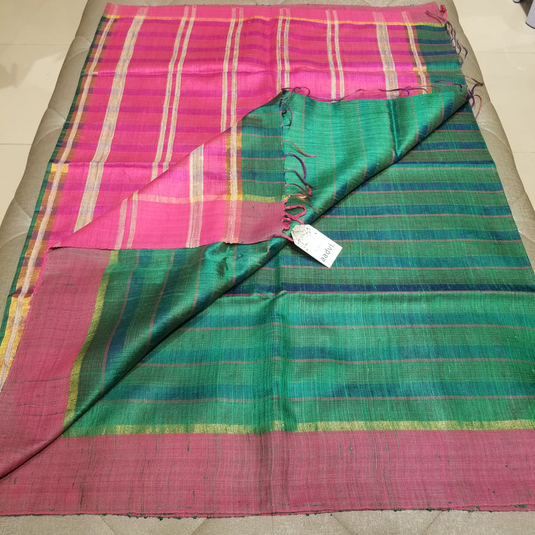 Deep Green Pure Dupion Silk Handwoven Sari with Pink Pallu
