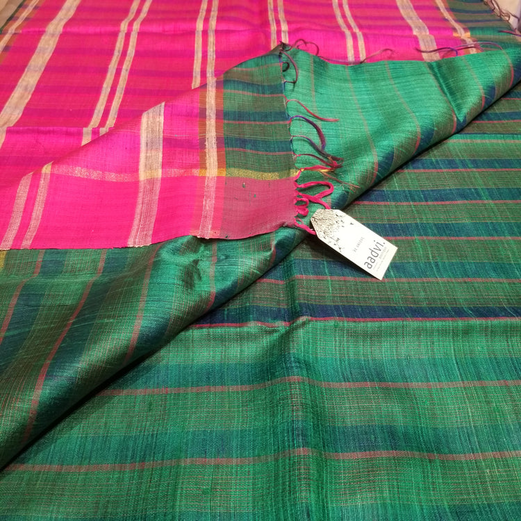 Deep Green Pure Dupion Silk Handwoven Sari with Pink Pallu