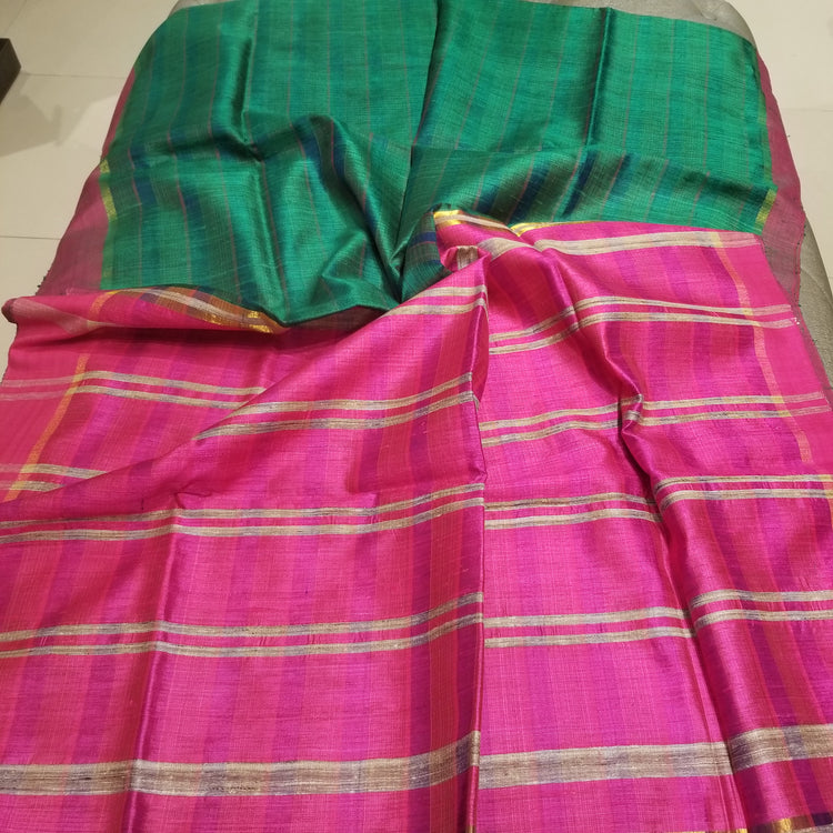 Deep Green Pure Dupion Silk Handwoven Sari with Pink Pallu