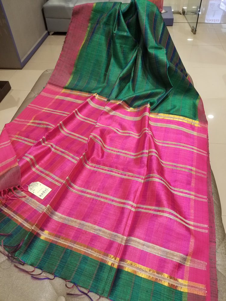 Deep Green Pure Dupion Silk Handwoven Sari with Pink Pallu