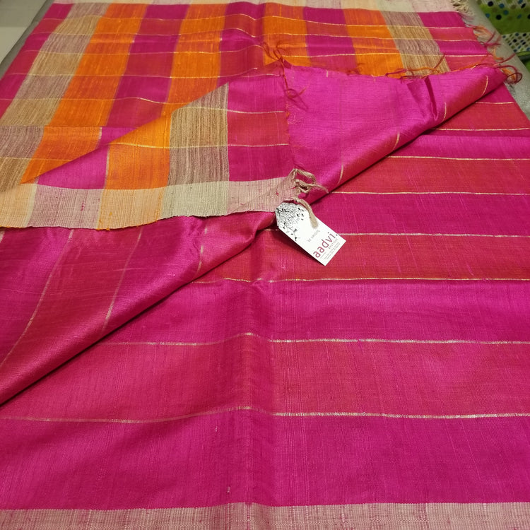 Pink Pure Dupion Silk Handwoven Sari with Orange and Pink Pallu