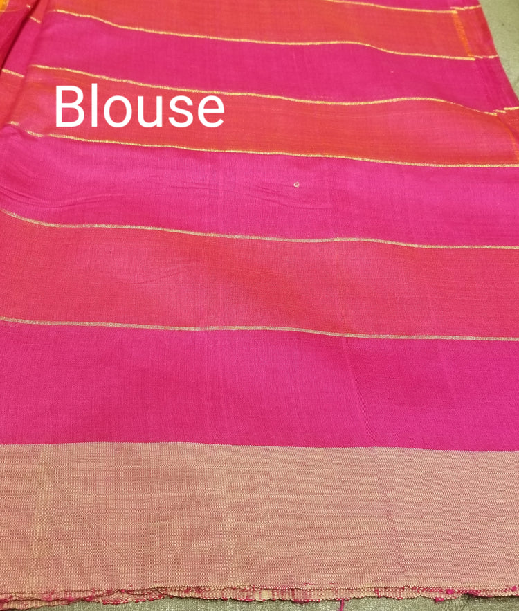 Pink Pure Dupion Silk Handwoven Sari with Orange and Pink Pallu