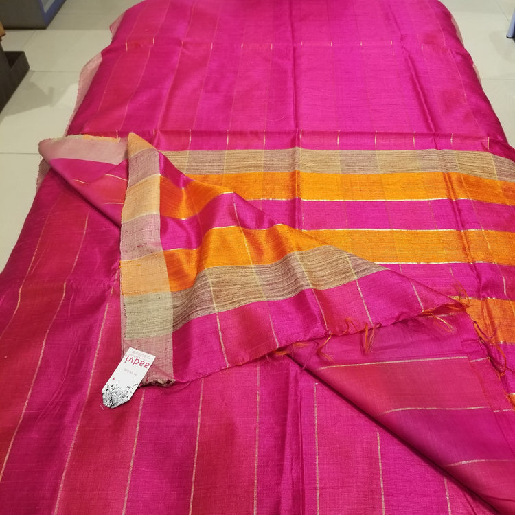 Pink Pure Dupion Silk Handwoven Sari with Orange and Pink Pallu