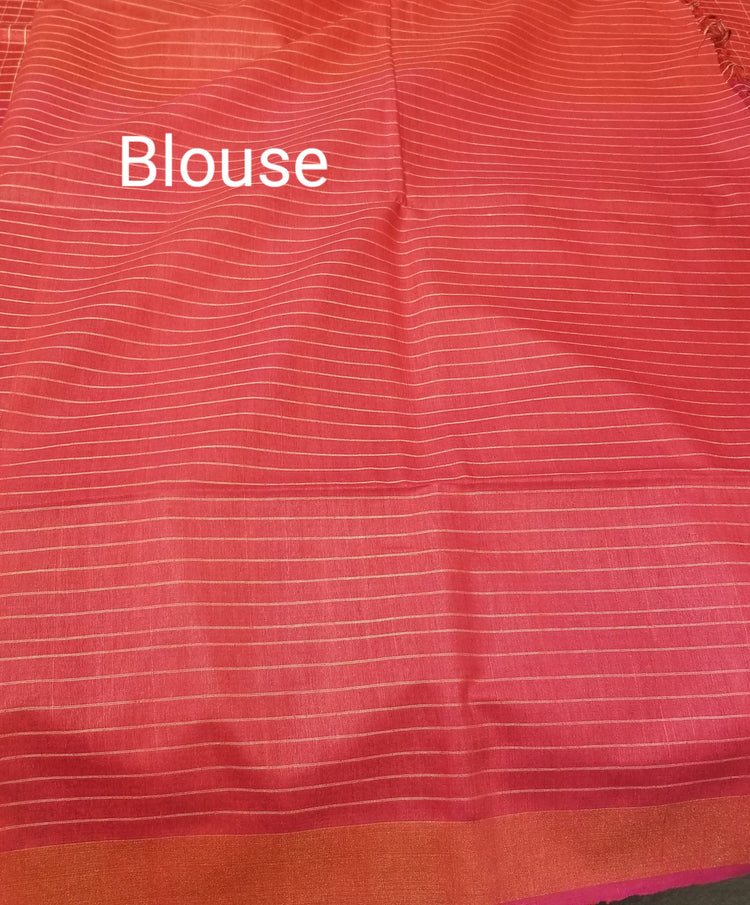 Red Pure Dupion Silk Handwoven Sari with allover golden check pattern