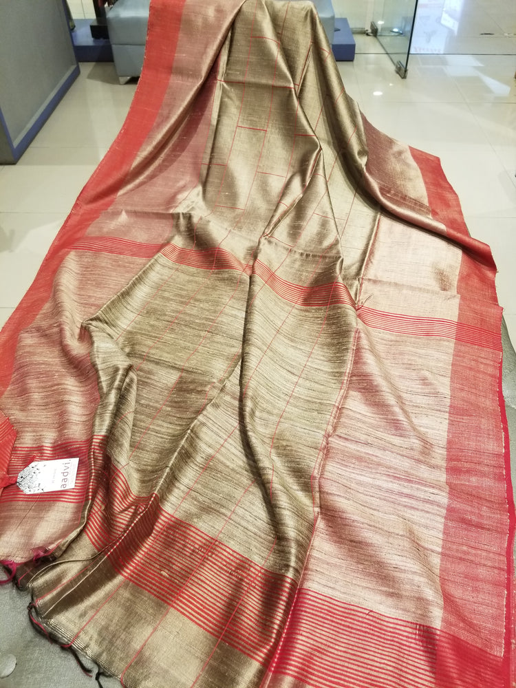 Golden Beige Pure Dupion Silk Handwoven Sari